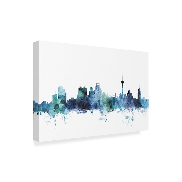 Michael Tompsett 'San Antonio Texas Blue Teal Skyline' Canvas Art,12x19